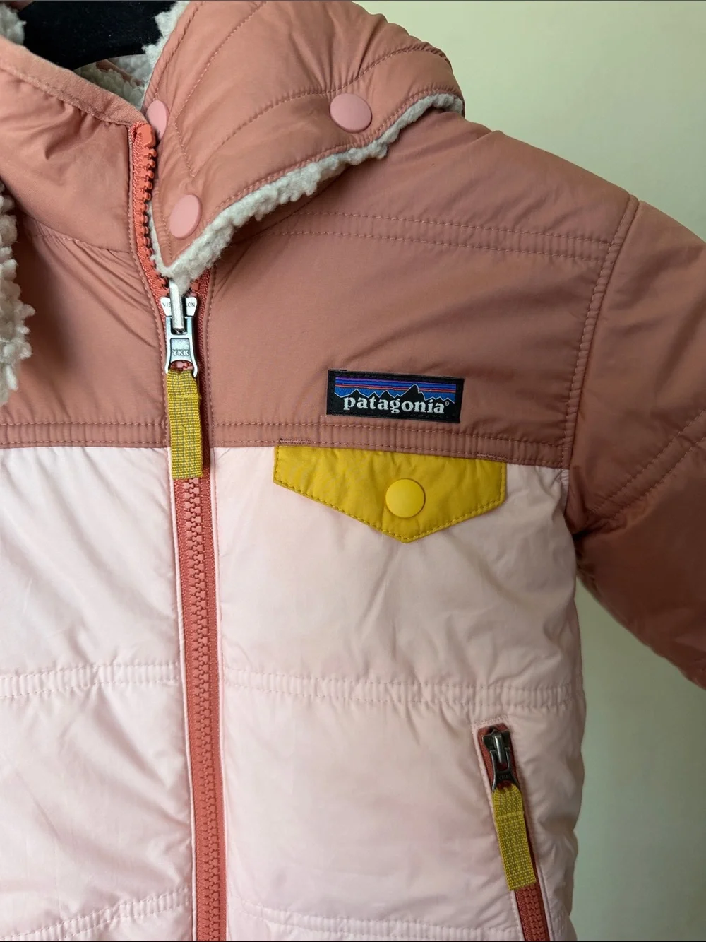 Patagonia Tribbles Reversible Jacket pink salmon mustard girl size 3T